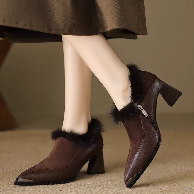 2025 New Autumn and Winter Mink Fur Thick Heel Soft Surface Fleece-Lined Deep Mouth Flats Pointed Toe High Heels Versatile Warm Women's Ankle Boots