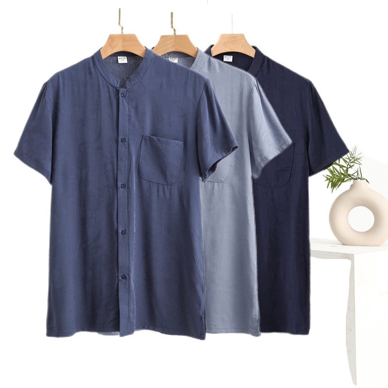 2025 jacquard cotton short-sleeved stand-collar shirt for middle-aged and elderly men's thin cardigan rayon plus size pocket top 2025 jacquard cotton short-sleeved stand-collar shirt for middle-aged and elderly men's thin cardigan rayon plus size pocket top