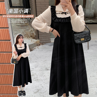 7868 Shiming Loke Spring plus size dress slightly fat design sense fake two-piece women's dress age-reducing meat-covering small black dress