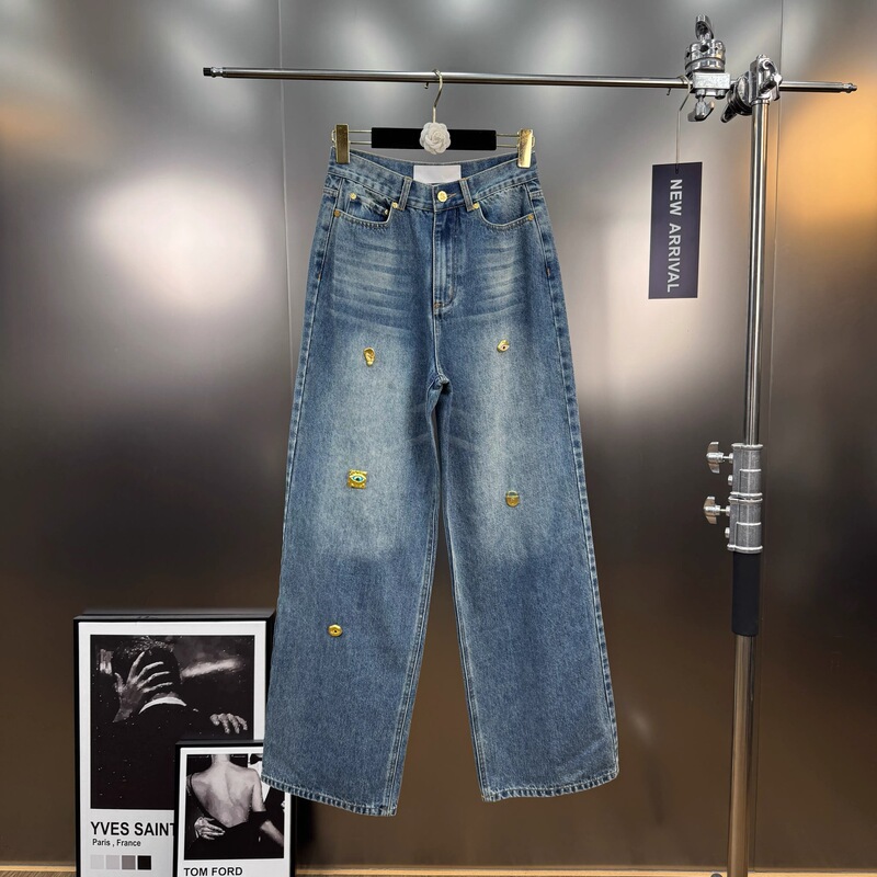 2025 New Autumn and Winter Handmade Metal Buckle Decorated Wide-Leg Straight Light Blue Washed Denim Pants