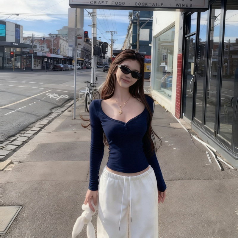 5173 # Hot Girl Style Right Shoulder Low Collar Button Design Long-Sleeved T-Shirt for Women Slimming Look All-In-One with Chest Pad Versatile 5173 # Hot Girl Style Right Shoulder Low Collar Button Design Long-Sleeved T-Shirt for Women Slimming Look All-In-One with Chest Pad Versatile