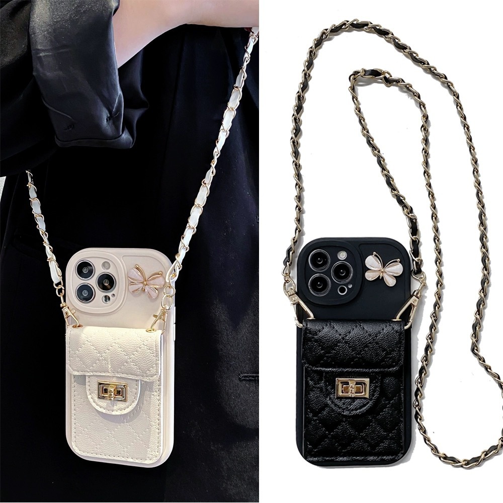 Rhombic estilo Chanel para Apple 15 teléfono caso titular de la tarjeta iPhone14 crossbody cuerda 13PROMAX silicona suave caso