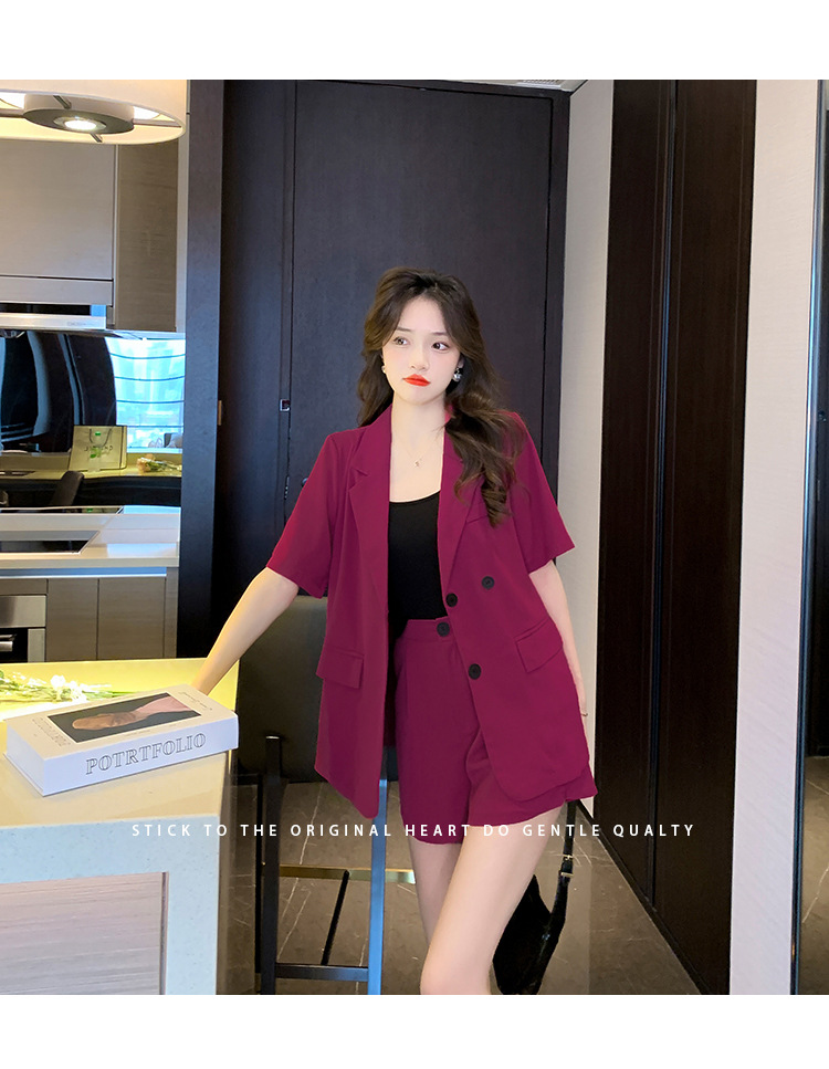 【中国直邮】HEY+JEANS 夏季新款气质短袖西装外套+高腰短裤两件套 玫红色 S