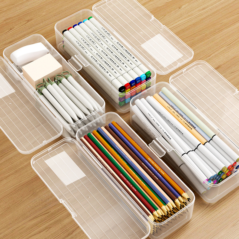 Caja de papelería transparente para niños, caja de almacenamiento de plástico para crayones y lápices, estuche de gran capacidad, caja de lápices de escritorio para estudiantes.