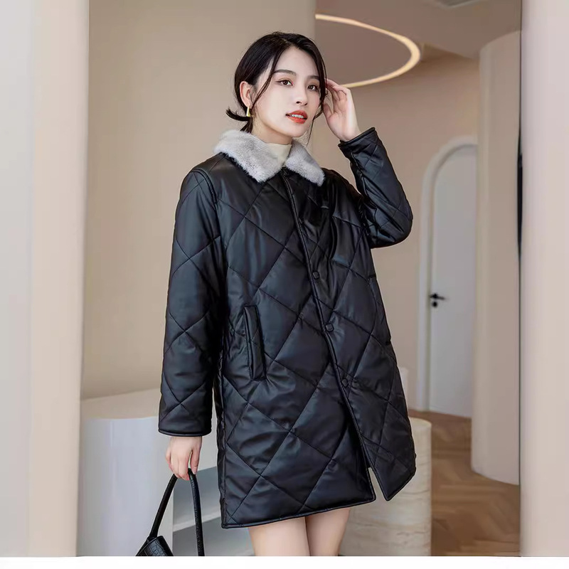 Fall/Winter 2023 popular down cotton women's leather coat mid-length silver Blue Mink lapel plus size thickened women's coat