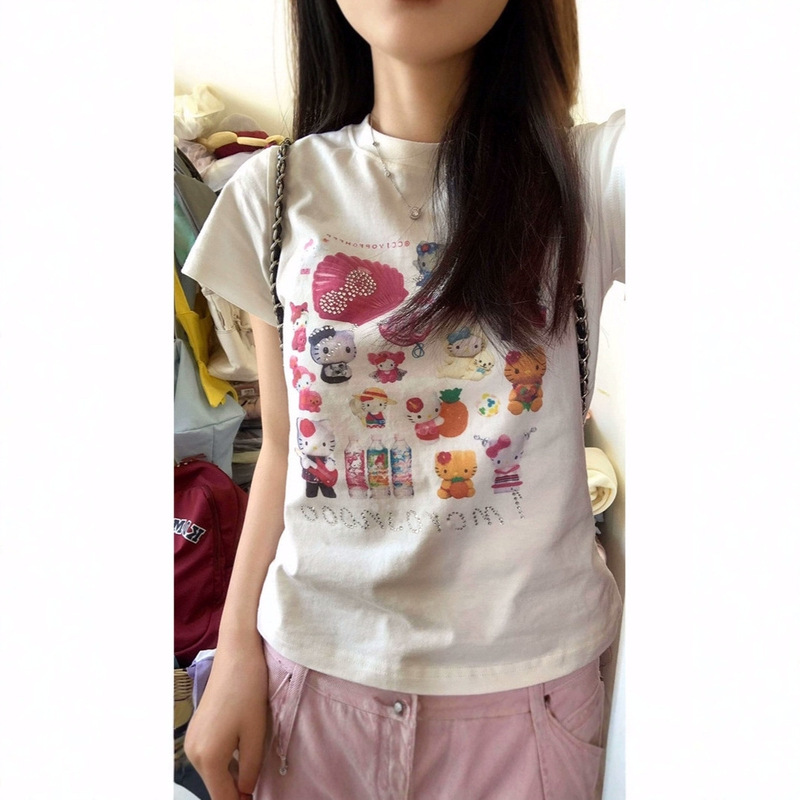 Pure Cotton White Right Shoulder Cat Short-Sleeved T-Shirt for Women Summer Design Niche American Short Sexy Slim Top