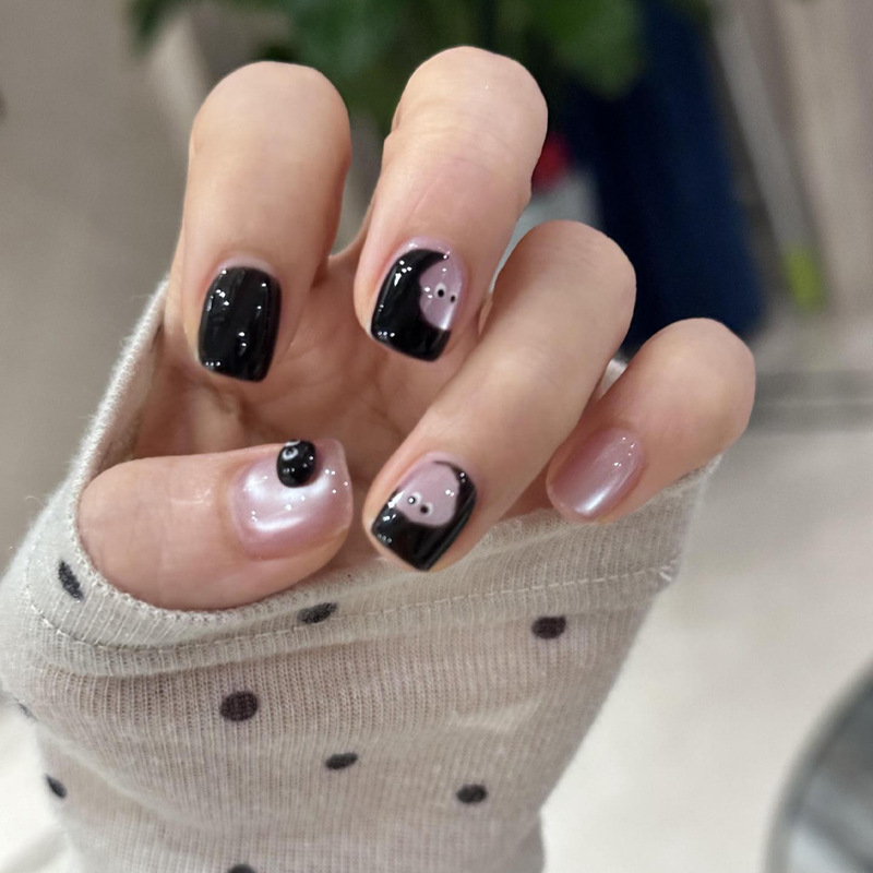 Halloween Black Pink Little Monster Cute Ins Style Short Cat Eye Handmade Wearable Manicure Patch Fake Nails