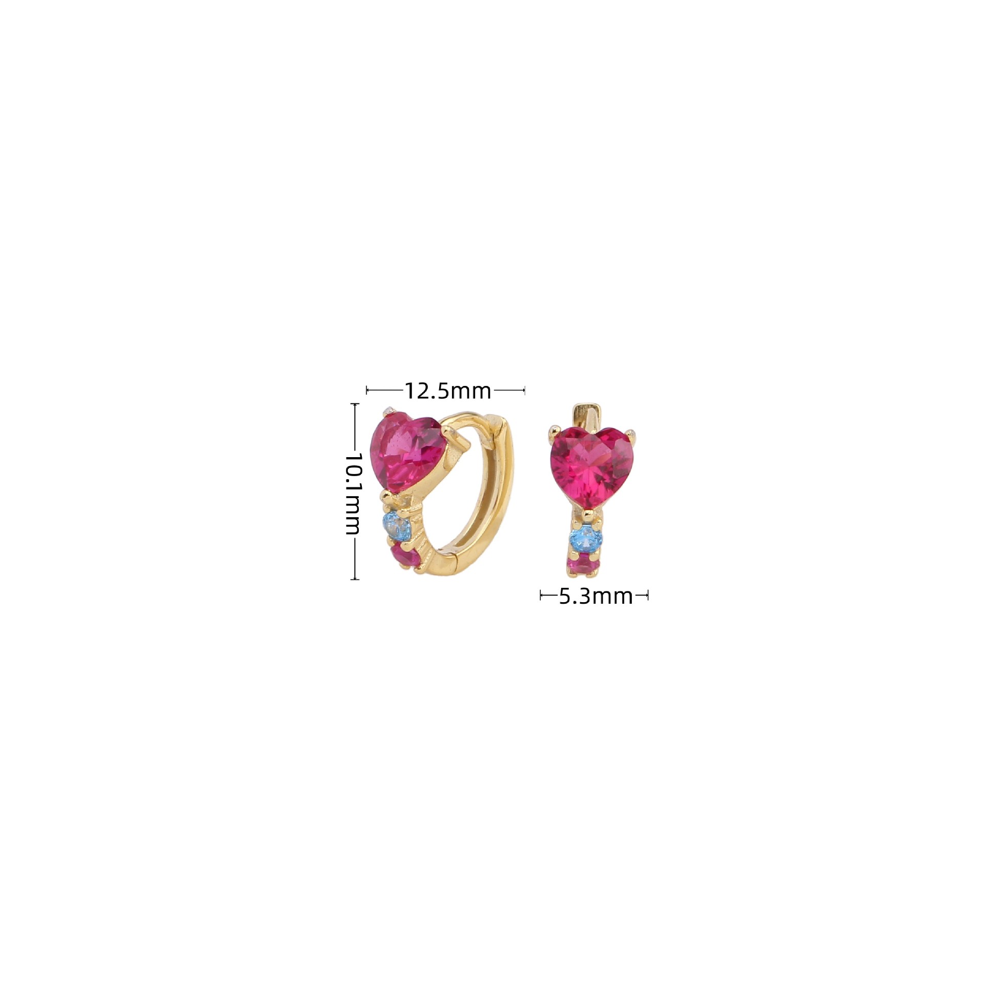 9g Weight 0.03µm Gold Plating Thickness 1 Pair 925 Sterling Silver Zircon Heart Shape Hoop Earrings