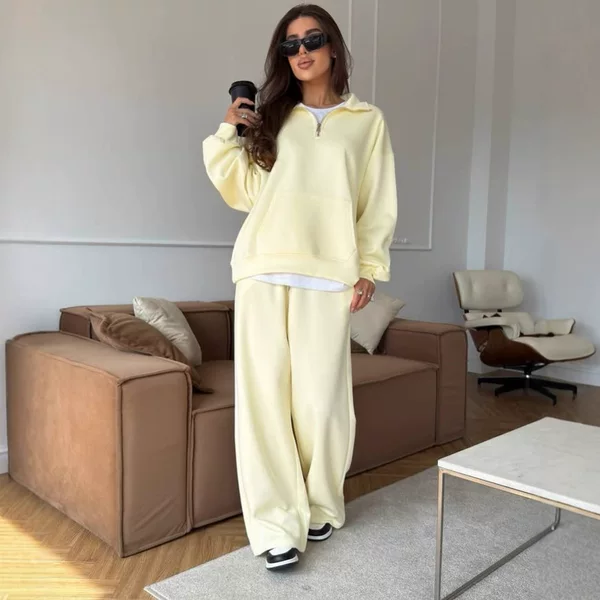 European and American Cross-Border Casual Women's Cotton Suit Zipper Lapel Pullover Sweatshirt Lace-Up Straight Wide-Leg Pants Two-Piece Set