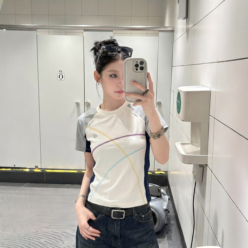 [210g 40-Count Fine Cotton] American-Style Color-Blocking Regular Shoulder Short-Sleeve T-Shirt for Women, Summer Slim-Fit Trendy Top