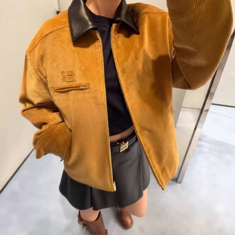 Miu Series Jacket with Cotton Lining and Leather Collar Design, Unisex Style with Micro-Logo Embroidery, Corduroy Jacket Miu Series Jacket with Cotton Lining and Leather Collar Design, Unisex Style with Micro-Logo Embroidery, Corduroy Jacket