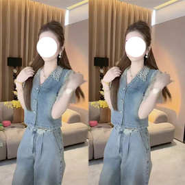 2025超火夏装蕾丝拼接牛仔短袖阔腿裤套装减龄大方得体穿搭一整套