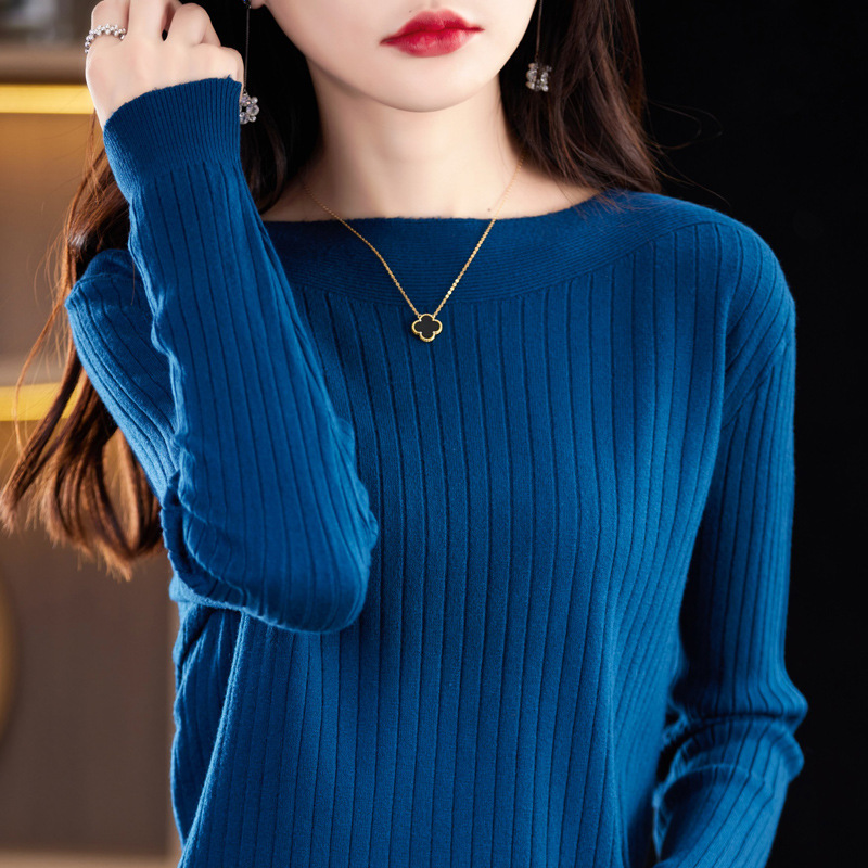 春装新款一字领长袖针织打底衫女短款宽松纯色毛衣薄款内搭上衣女