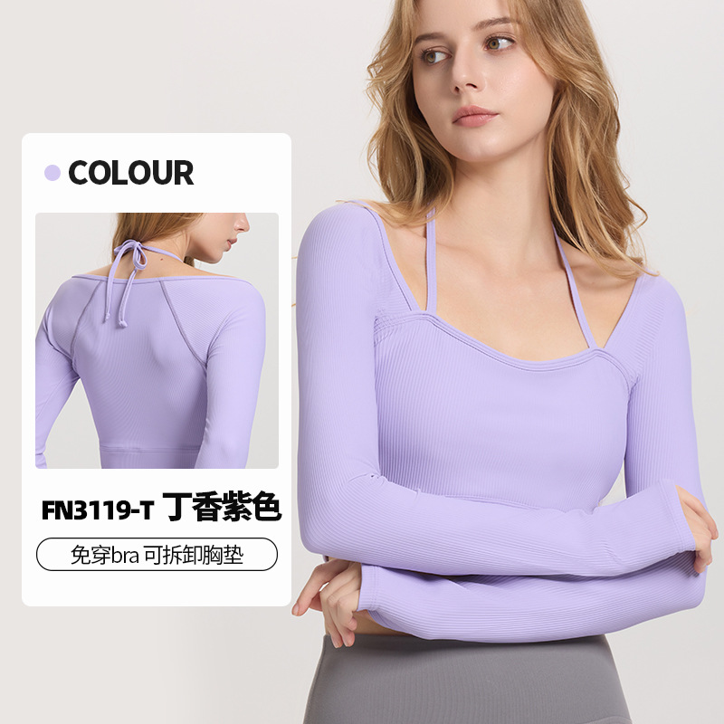 Otoño y invierno nuevo cuello de collar vestido de pecho de manga larga mujer hilo ombligo corto apertado alto elástico chaqueta de fitness
