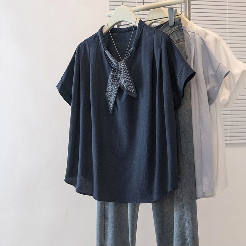 Plus Size Korean Tie Spliced ​​Short-Sleeved T-Shirt for Women Summer 2025 New Loose Slimming Look and Flesh-Covering Versatile Tops for Women