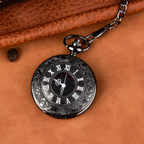 Quartz watch nostalgic pocket watch Roman numeral thin chain large retro Roman numeral nostalgic black pocket watch 8075