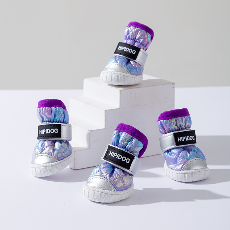 Otoño e invierno gradiente dorado perro botas de nieve forradas de lana gruesa caliente noreste zapatos de algodón anti-gota zapatos para perros mascotas