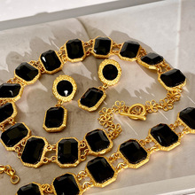 欧美宫廷中古风vintage复古气质黑色方形几何金属项链手链耳环女