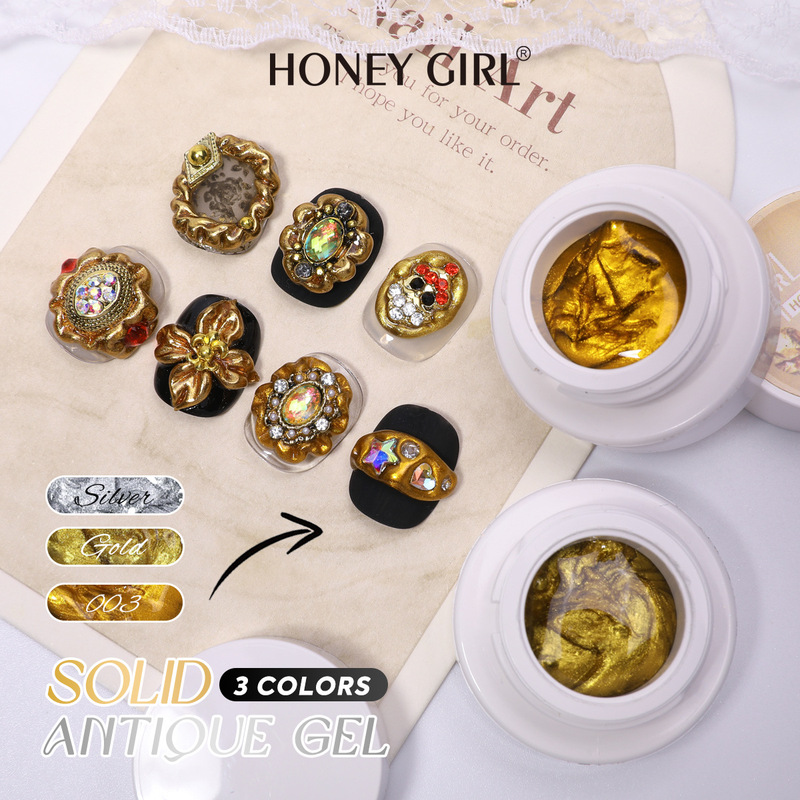 Foreign Trade Wholesale Three-Color Antique Gold and Silver Artistic Relief Gel, No-Wash 3D Texture Carving Solid Powder Nail Gel
