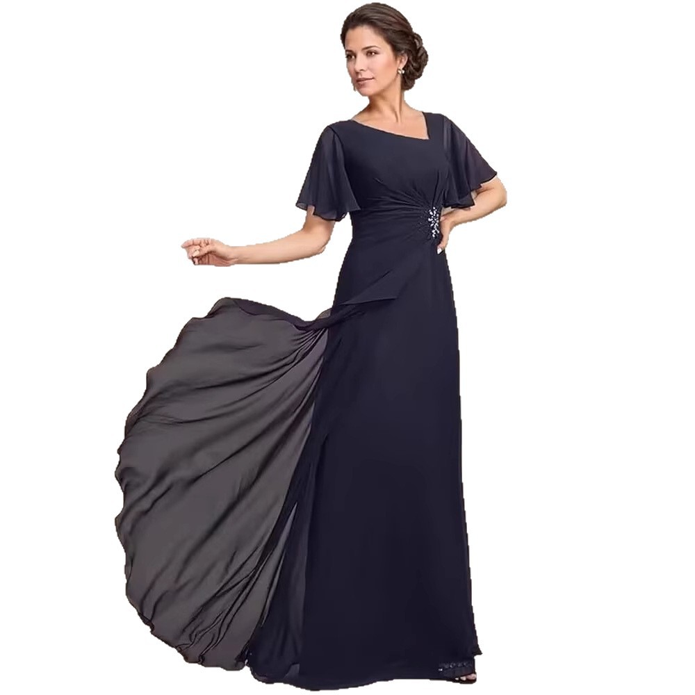 Vestido de novia de gasa de Amazon vestido de madre mariposa de manga corta plisada larga aplicación vestido de invitado de boda