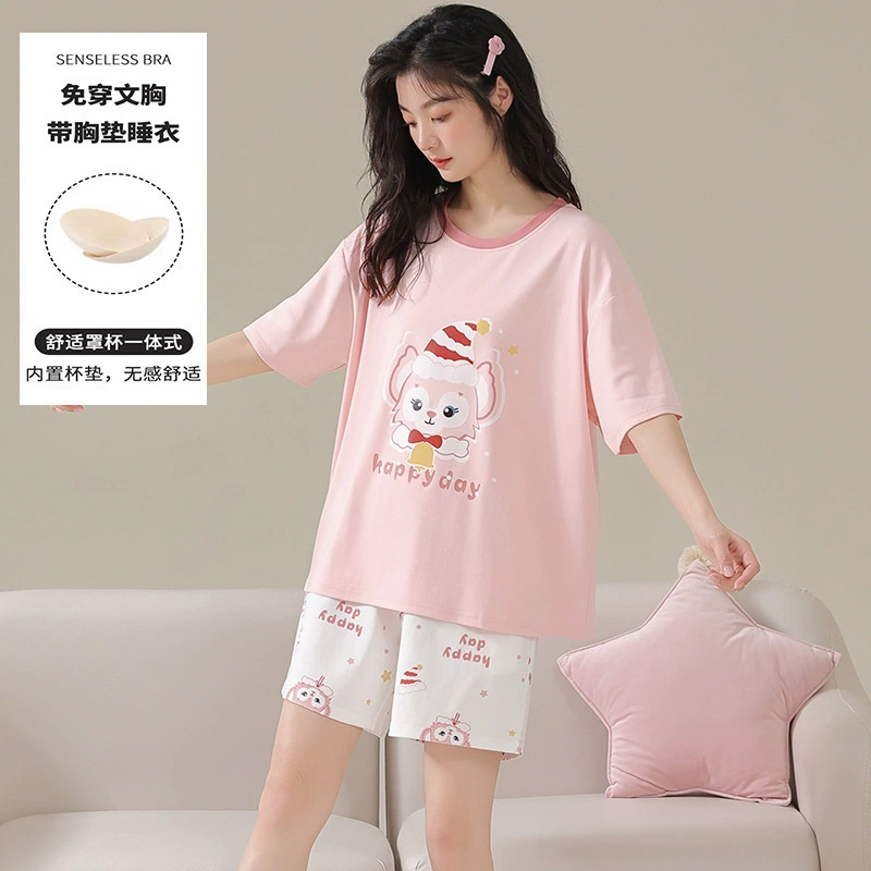 睡衣女夏季短袖套甜美带胸垫韩版卡通学生休闲宽松大码宿舍家居服|undefined