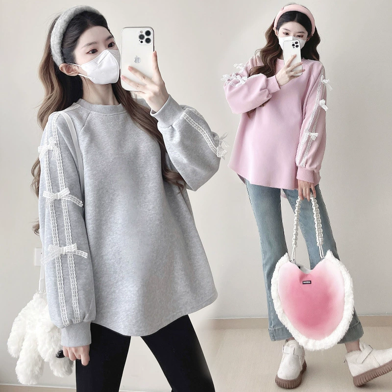 2024 осень и зима новый стиль одежды для беременных мода кружево сшивание нерегулярное бархат толстый дно для беременных свитера