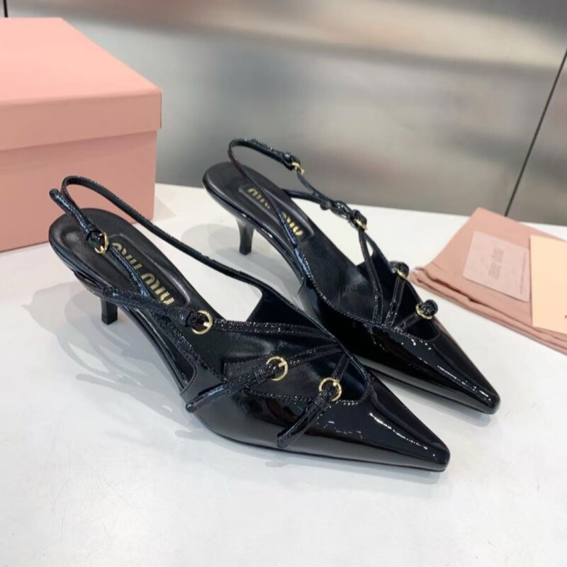 女性用朝ハイヒール、新作フレンチスリムミディアム2025miu春夏キャットヒールつま先サンダル、ポインテッドトゥヒール|undefined