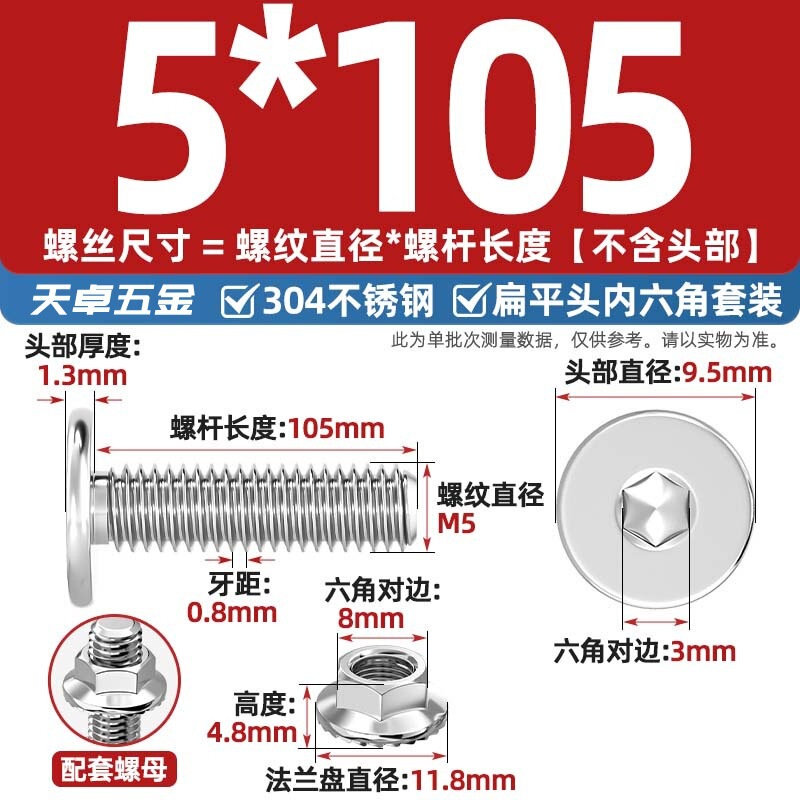 304不锈钢CM大平头超薄头C头扁平头内六角螺丝钉法兰边螺母套装M5|undefined