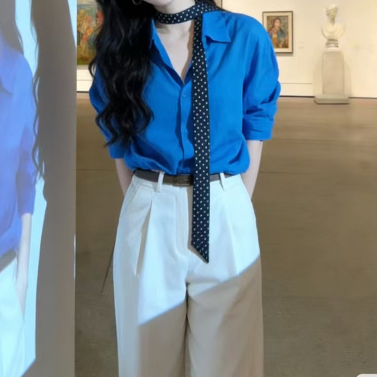 High-End Blue Polo Collar Long-Sleeved Shirt Jacket for Women, Loose Casual Cardigan Shirt, Mid-Length Top
