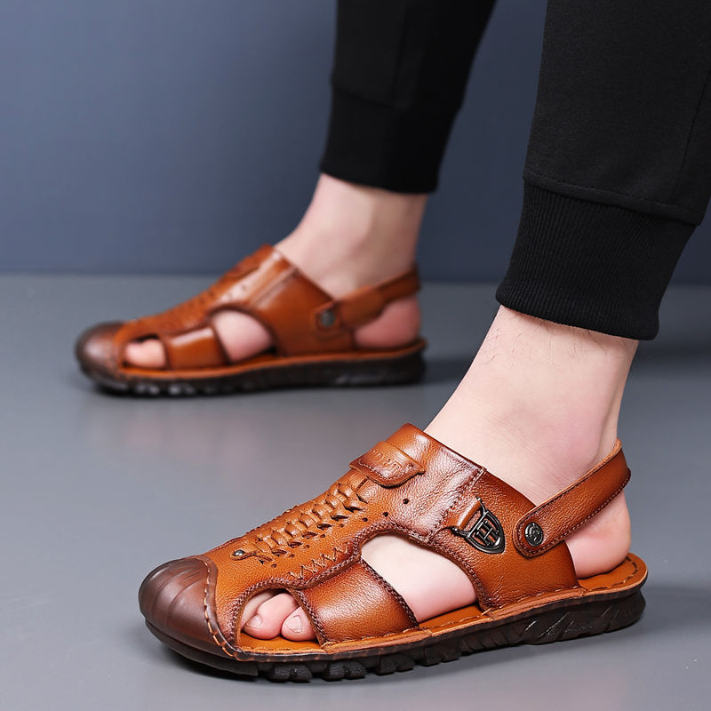 Sandali da uomo estivi casual in vera pelle 2025 con punta chiusa e suola in gomma antiscivolo, scarpe da spiaggia in pelle bovina._voghion.com