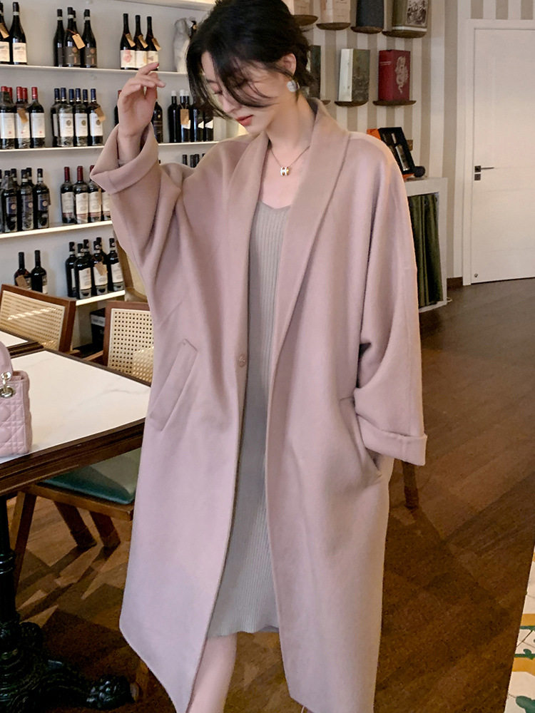2024 Autumn and Winter Brown Camel Velvet Lapel Double-Sided Woolen Coat Loose Lazy Cocoon Shape Wool Cashmere Coat for Women