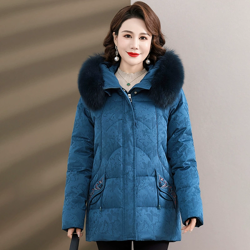 Velvet mid-length down jacket for mother, duck down filling, western style, warm
