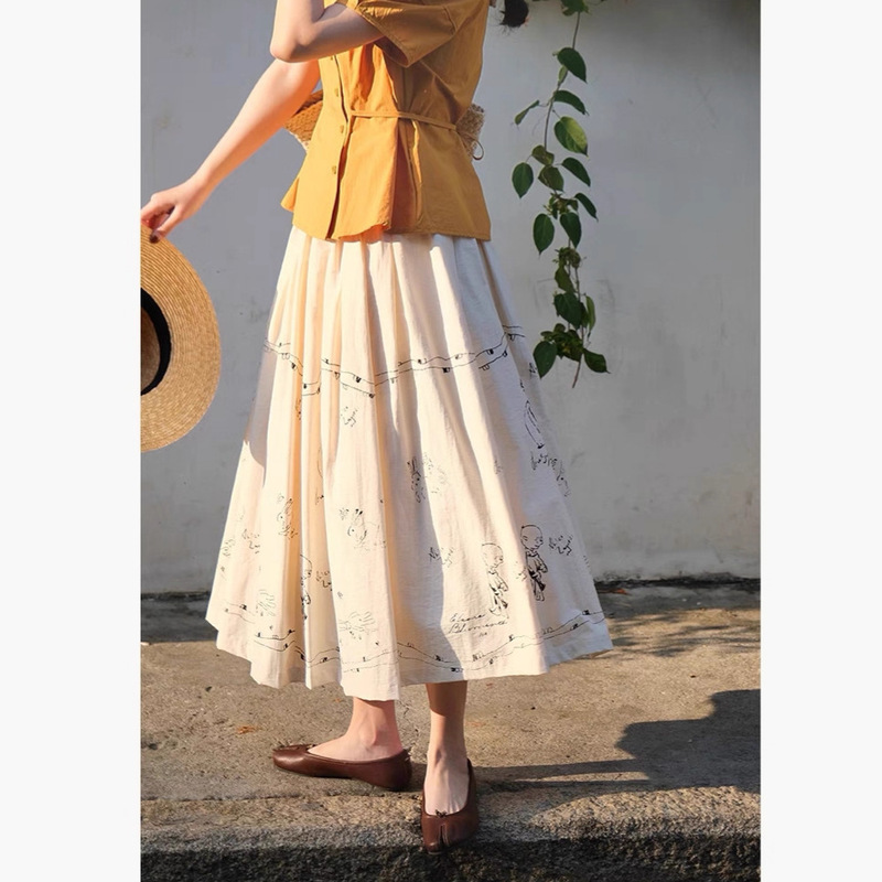 Ramese |   Tess of the D'Urbervilles Apricot Heavy Retro Hand-Painted Graffiti Elastic Waist Umbrella Skirt