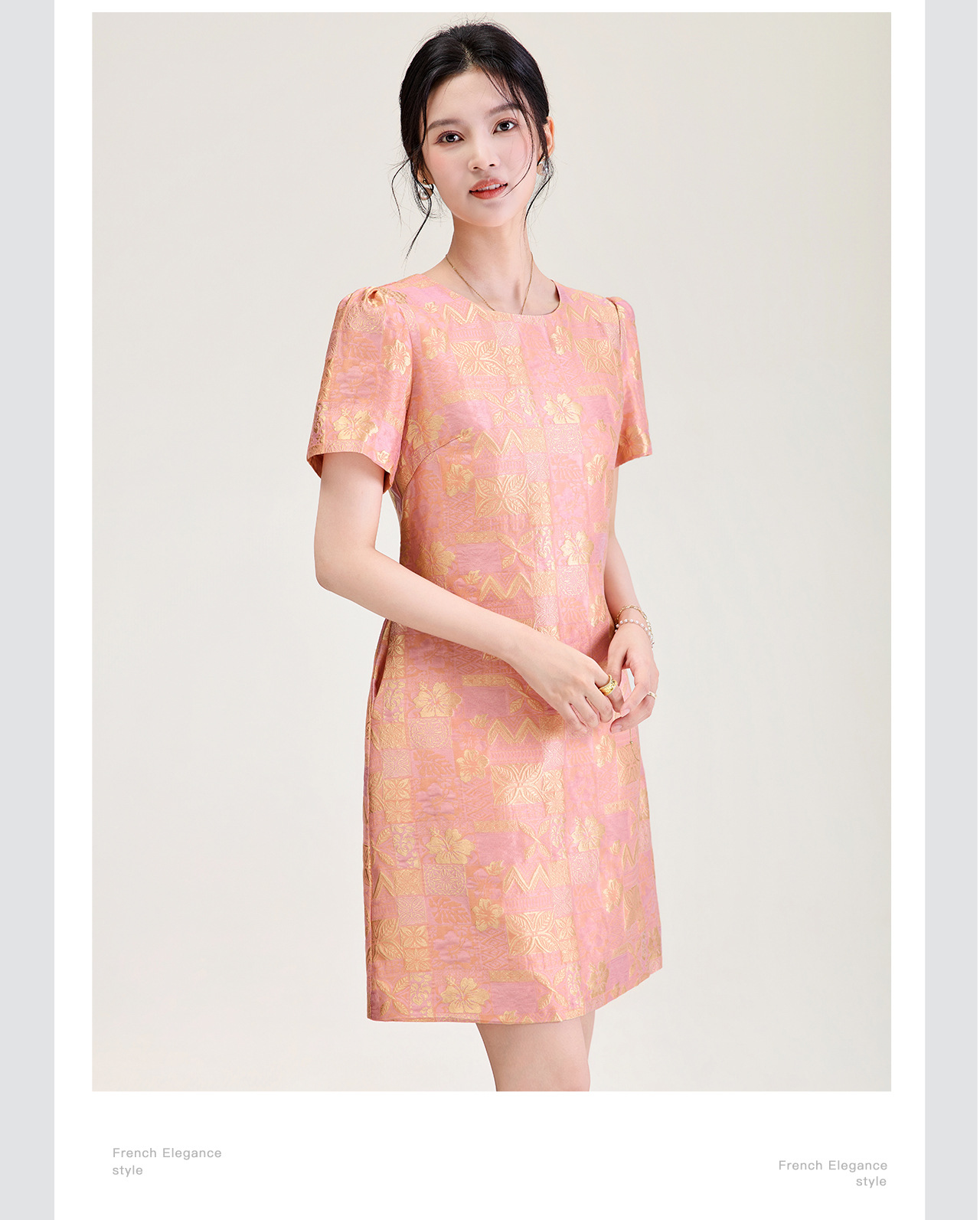 Đầm chữ A nữ jacquard họa tiết hoa nhí phong cách tiểu thư — màu hồng chi tiết 8