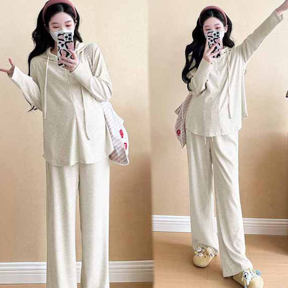 Maternity Wear for Spring and Autumn, Fashionable and Stylish, Lazy Style, Petite Autumn and Winter Hooded Long-Sleeve Commuting Two-Piece Set