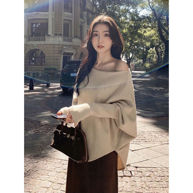 Lazy Style Bat Sleeve Knitwear Women's Autum Slant Collar Off-Shoulder Long-Sleeved Top Loose Asymmetrical Pullover Knitwear