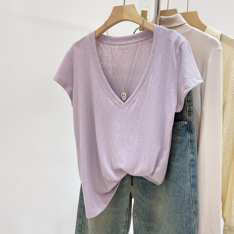 2026 Summer V-Neck Snowflake Linen Cotton Loose Short Sleeve T-Shirt Top Pure Desire Style Women's Loose High-End Base Shirt 2026 Summer V-Neck Snowflake Linen Cotton Loose Short Sleeve T-Shirt Top Pure Desire Style Women's Loose High-End Base Shirt
