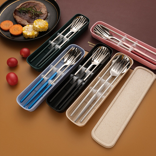 Stainless steel portable tableware chopsticks spoon set fork environmentally friendly outdoor student storage camping tableware three-piece set