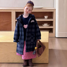 女童毛呢大衣2025秋冬新款儿童连帽格子上衣宝宝长款加绒加厚外套