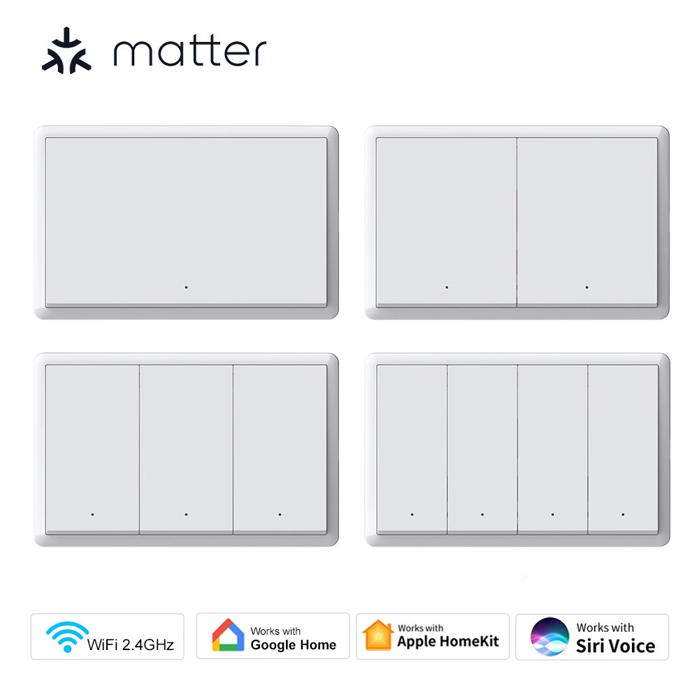 Умный выключатель с большим панельным кнопочным управлением, поддержкой Tuya WIFI+Matter, стандарт США, дистанционное управление через приложение, однополюсный, универсальный.