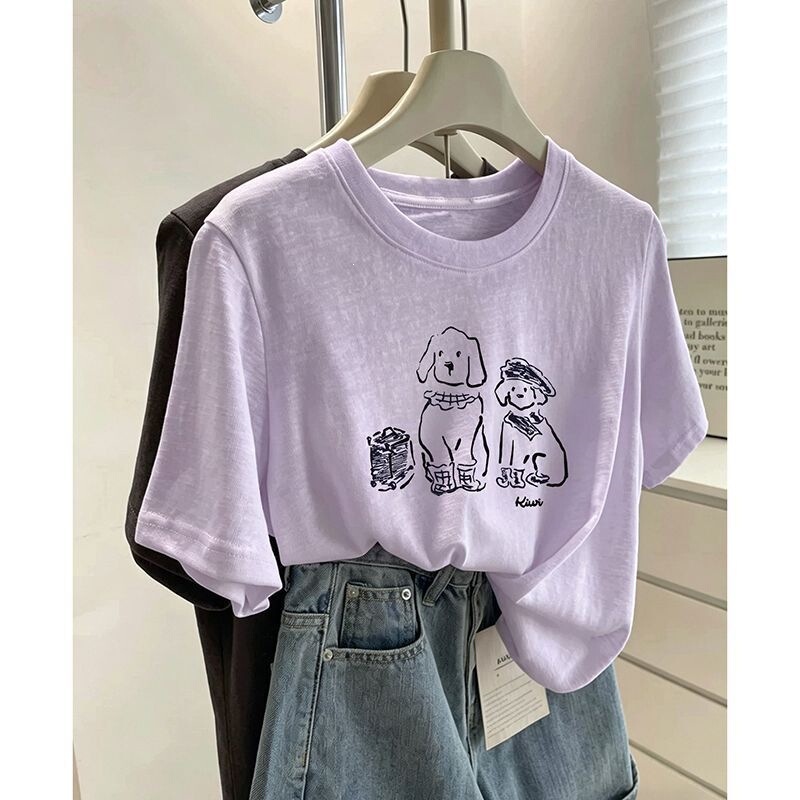 2026 Summer Regular Round Neck Snowflake Cotton Short-Sleeve T-Shirt for Women, Thin Korean Style Versatile Commuting Top in Purple