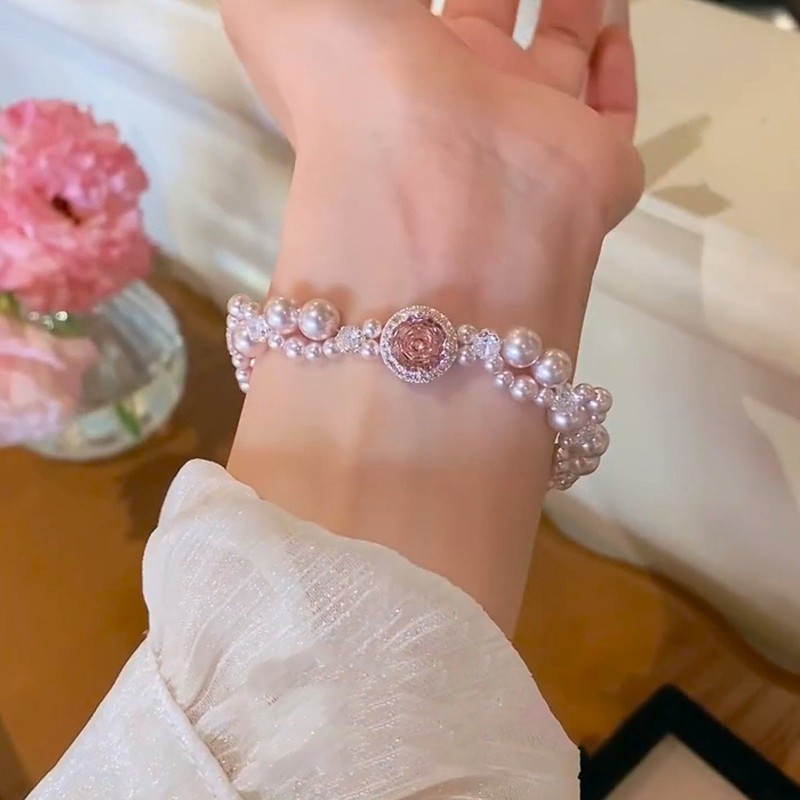 法式新款粉色玫瑰花抽拉手链女时尚甜美镶钻仿珍珠手环小众百搭|undefined
