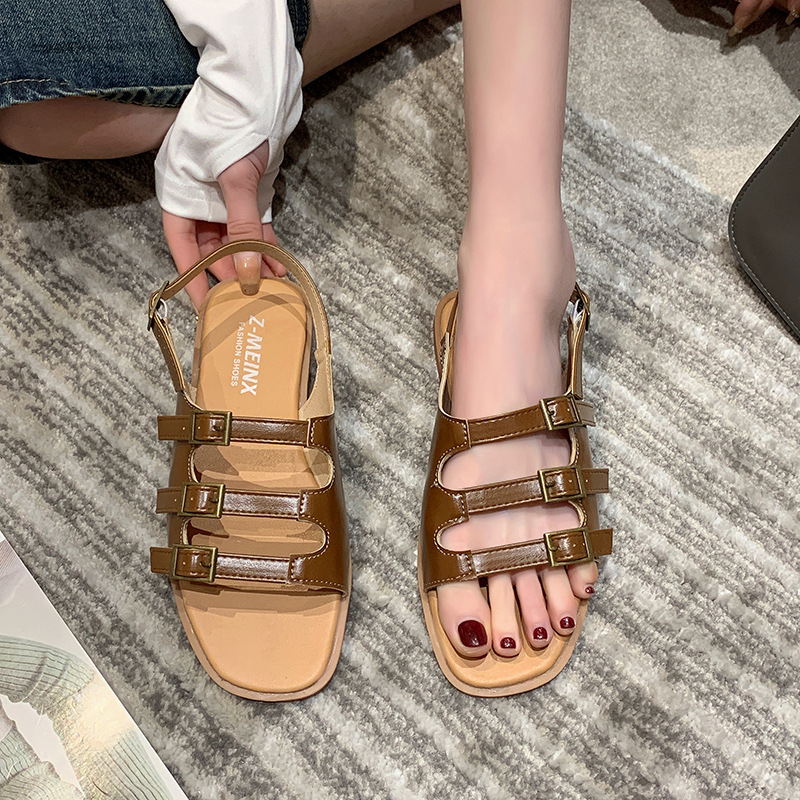 2024 sommer Neue frauen Casual Quadratischen Kopf Römische Schuhe mit Flachem Boden Sandalen_voghion.com
