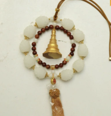 Small Buddha Peach Wood Lotus: Car hanging - double-circle-great-golden-pagoda-yellow-tassel-style