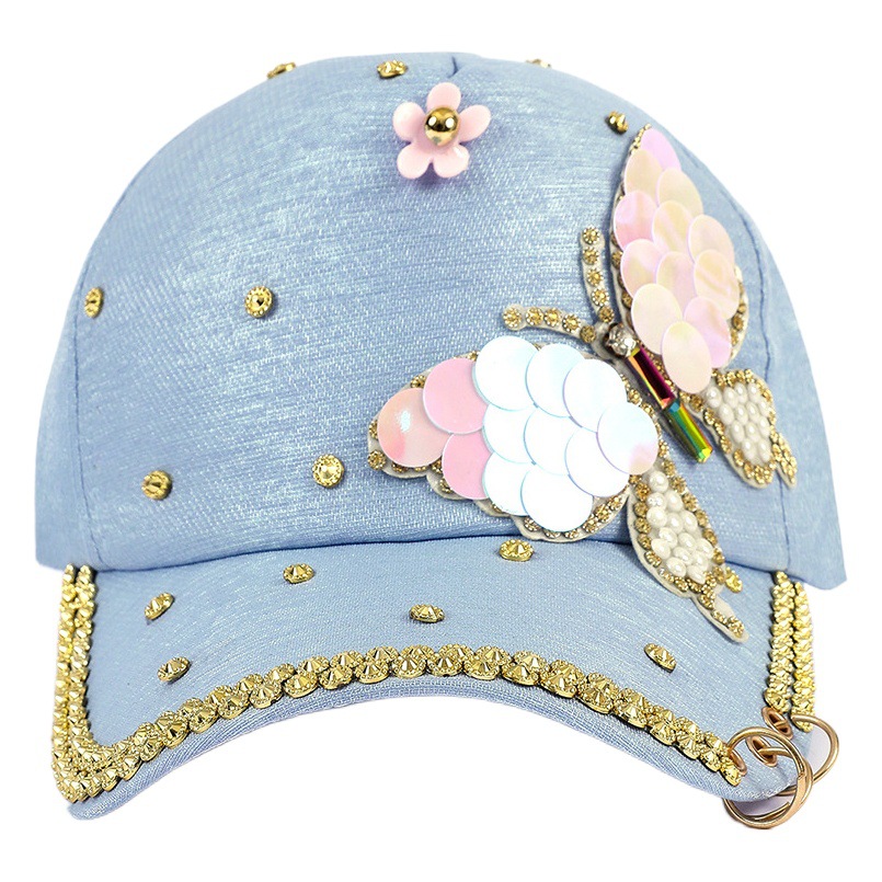 Diamante gorra de béisbol metal tres anillos mariposa rhinestone gorra de pico coreano lindo diamante incrustado sombrero para el sol al aire libre