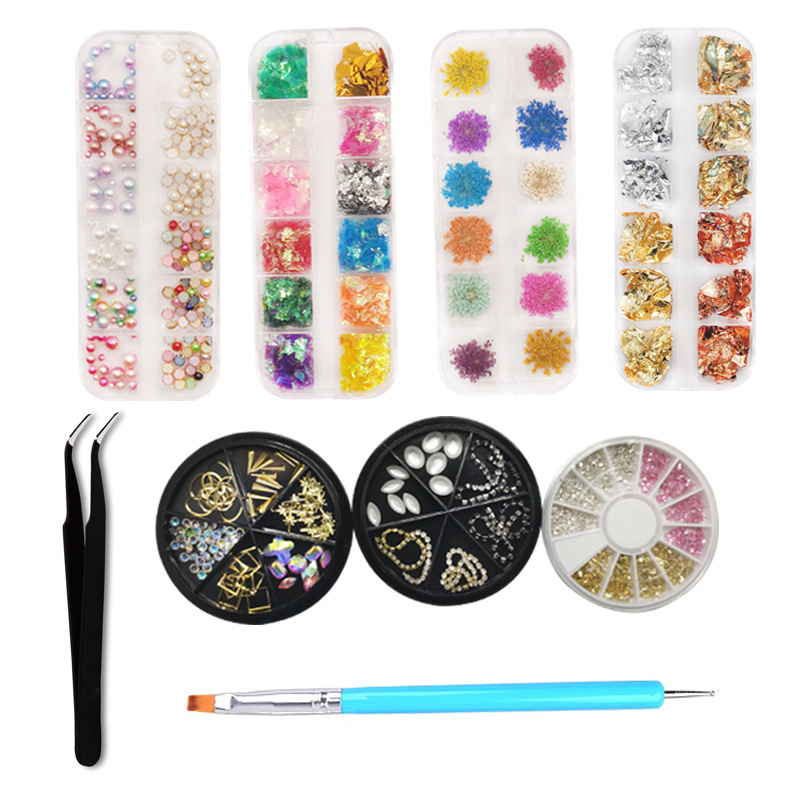 New manicure set starry dried flower shell flash paper four-color foil Pearl hollow opal chain New manicure set starry dried flower shell flash paper four-color foil Pearl hollow opal chain