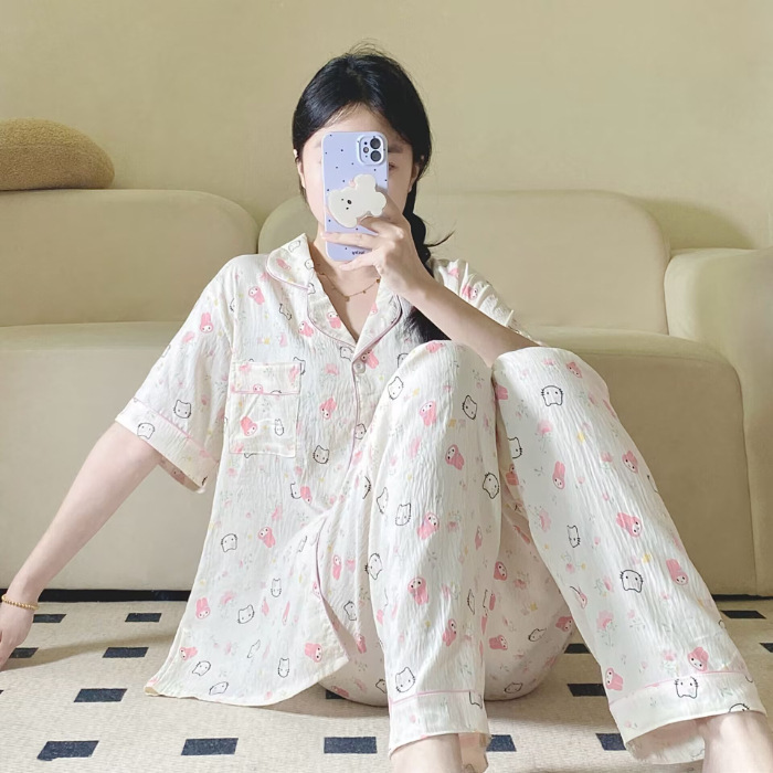 Verano nuevo pijama de amor mujer adorable oso simple ocio delgado nubes algodón ropa doméstica dos piezas conjunto al por mayor