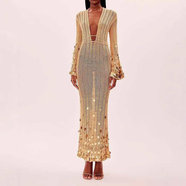 V-Neck Belt Belt Sequin Knitted Dress European and American Cross-border 2025 Spring New Celebrity Style Sequin dress V-Neck Belt Belt Sequin Knitted Dress European and American Cross-border 2025 Spring New Celebrity Style Sequin dress