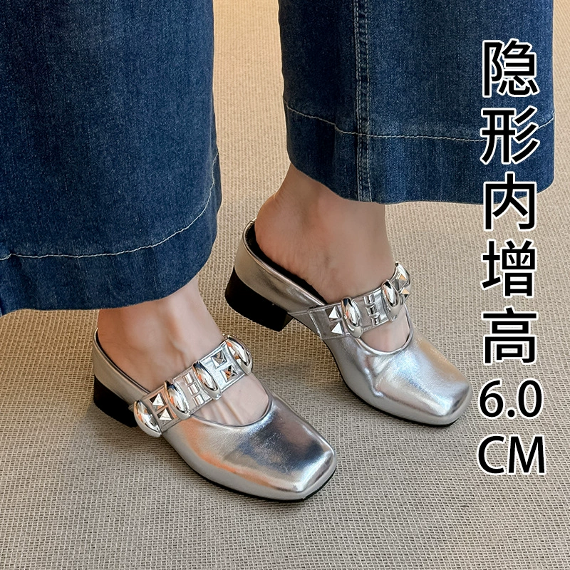 Женские полутапочки из натуральной кожи с французским носком и стразами для летней верхней одежды, серебряные босоножки на толстом высоком каблуке с заостренным носком на одной ноге.