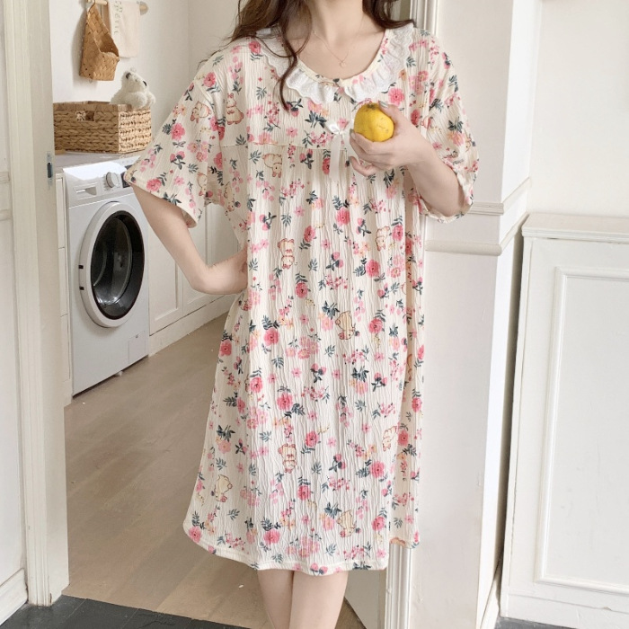 Verano 2024 vestido de pijama de niñas encaje de algodón tela arrugada dibujos animados manga corta media y larga lindo dulce ropa de hogar estudiantil